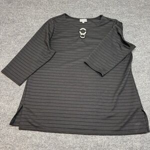 JM Collection Womens 2X Black Textured Top 3/4 Sleeve Silver Ring Neck